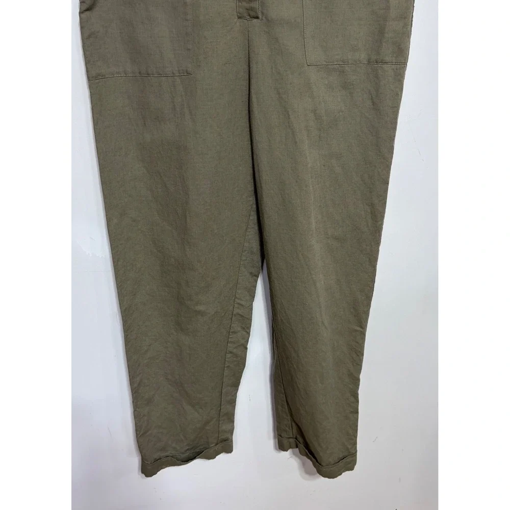 Zara Womens Olive Green Linen Blend Utility Button Front Jumpsuit Size M